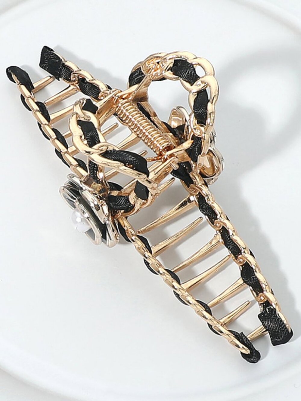 Floral Accent Chain Hair Claw Clip with Faux Pearl Center - Black OR White - Picture 4 of 7